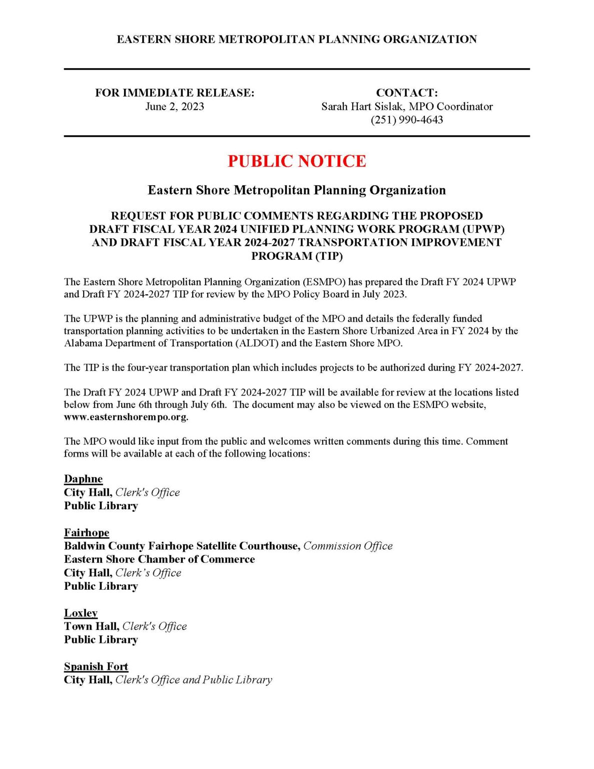 Public Notice Draft FY 24 UPWP & Draft FY2427 TIP